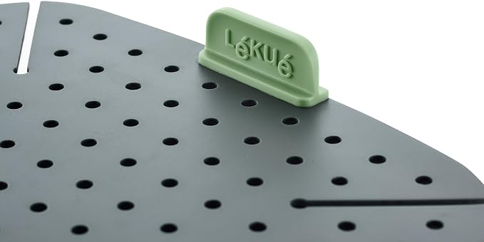Lékué Air Fryer Liner Mat - Gray - 100% Platinum Silicone Reusable Flat Perforated Baking Tray for Air Frying, Fits in Draw, Flexible Corners, Pull-up Handle for Easy Removal