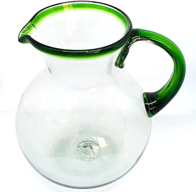 Emerald Green Rim 120 oz Large Bola Pitcher, Recycled Glass, Lead-free, Toxin-Free (Pitcher)