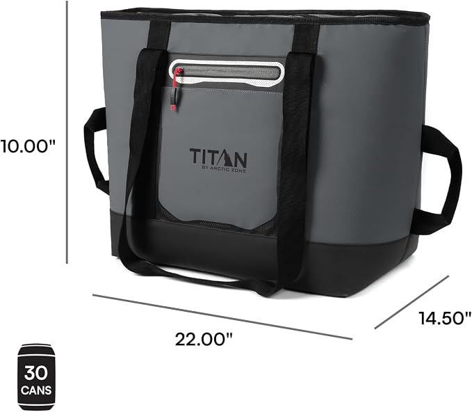 Titan by Arctic Zone Soft Sided Cooler Tote, Insulated Bag with Handle, Shoulder Strap, and Zipper for Lunch, Picnic, and Travel, 30 Can Capacity