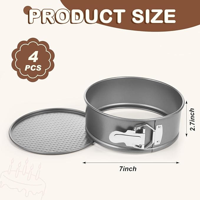 Funnymoom 4 Pcs 7 Inch Non Stick Springform Pan with Removable Bottom Carbon Steel Round Springform Cheesecake Pan with Stainless Steel Spring Buckles for Baking Kitchens Restaurant(Gray)