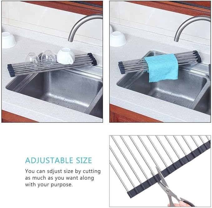Foldable Silicone Over-the-Sink Dish Drying Rack Roll-Up Drainer Chopstick and Dishes Drain Stainless Steel Convenient