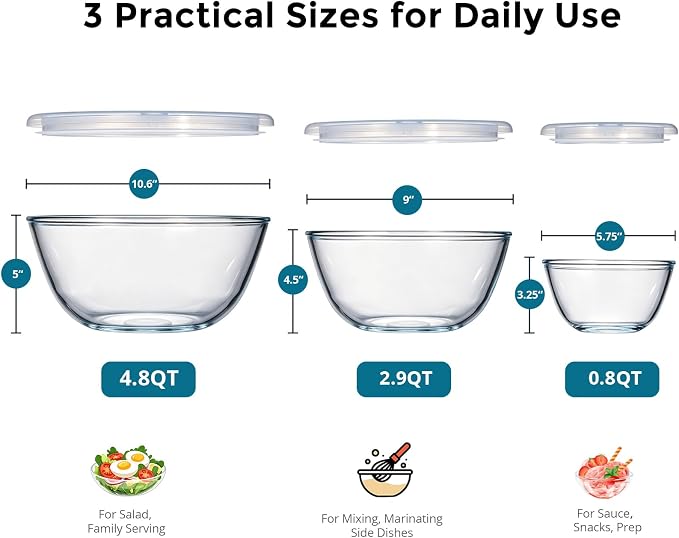 E-far Glass Mixing Bowls with Airtight Lids Set, 4.8,2.9,0.8 Qt Thick Glass Salad Bowls for Cooking Prep Serving, Large Clear Nesting Bowls for Storage Sourdough Proofing, Dishwasher Safe, 3 Pack