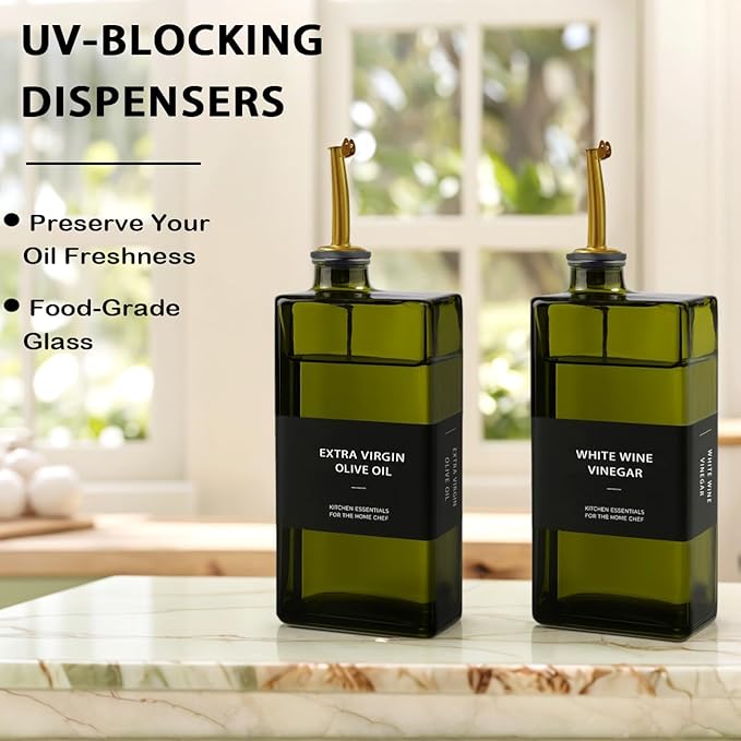 Olive Oil Dispenser Bottle for Kitchen 16.9oz, UV-Blocking Oil and Vinegar Dispenser Set, Leakproof Oil Container for Home, Restaurant (Green, Set of 4)
