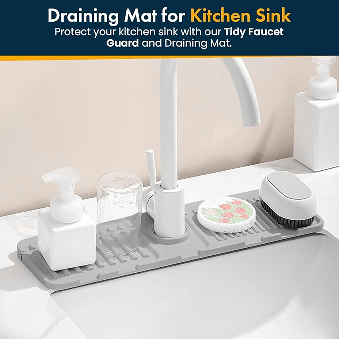 Kitchen Sink Faucet Mat, 2 Pack Silicone Splash Guard and Drip Catcher Tray, Sink Organizer, Sponge Holder & Drying Mat for Countertop (Grey)