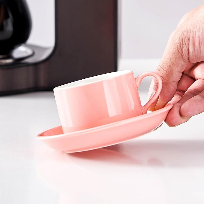 Cappuccino Cups Set of 4, 8oz Stackable Coffee Cups Set with Saucers and Metal Stand, Coffee Mugs and Saucers for Cappuccino, Latte, Americano and Tea - Pink