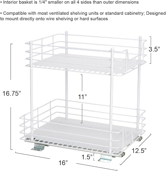 Household Essentials Glidez Steel Pull-Out/Slide-Out Storage Organizer with Plastic Liners for Under Cabinet or Wire Shelf Use - 2 -Tier Design, White