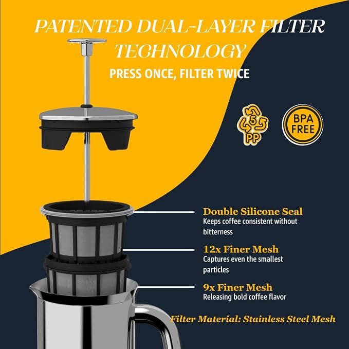 ESPRO Pro P7 French Press Stainless Steel 304 - Patented Double Micro-Filter for Grit-Free Coffee, Double Wall Insulated Coffee Maker, Plastic-Free & Heat Resistant - Polished 32oz