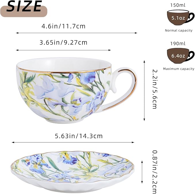Agyiuns Tea Cup and Saucers, 6.4oz Floral Tea Cups with Gold Trim, Coffee Cappuccino Espresso Latte Mugs for Party Birthday,Christmas Gift (Iris - Blue)