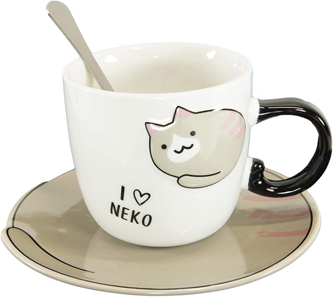 Ebros Pack Of 2 Crazy For Cats Maneki Neko Porcelain Coffee Tea Mug Cup 8oz With Saucer Tray And Notched Spoon Animal Pets Kittens Mugs Cups Kids And Adults Drinkware (White And Brown)