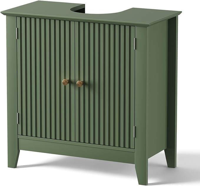 Under Sink Bathroom Cabinet with U-Shape Cutout for Pedestal Sink, Storage Cabinet with 2 Doors, Adjustable Shelf, Freestanding Floor Cabinet, Space-Saving Organizer for Bathroom (Green)