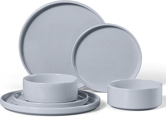 E-far 6-Piece Stoneware Dinnerware Sets, Plates and Bowls Set for 2, Kitchen Modern Dishes Set for Everyday & Formal, Chip and Scratch Resistant, Microwave & Dishwasher Safe, Speckled Gray