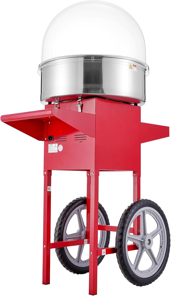 VEVOR Electric Cotton Candy Machine Cart with Cover, Commercial Floss Maker w/Stainless Steel Bowl, Sugar Scoop and Drawer, Perfect for Home, Carnival, Kids Birthday, Family Party, Red