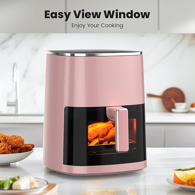 Sweetcrispy 6QT Air Fryer with Window, Square Airfryer Oven 12-in-1 for Family, 400°F Rapid Air Crispy Technology, Roast Bake Dehydrate, Nonstick & Easy-Clean Basket, Pink