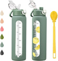 chunmo 24 oz Glass Water Bottle with 2 Lids-Handle Spout Lid & Straw Lid, Motivational Water Bottle with Time Marker and Silicone Sleeve,Leakproof-Olive-1 Pack