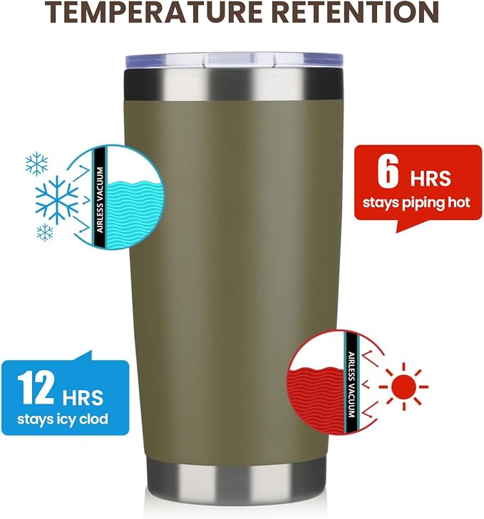 MEWAY 20oz Tumbler 12 Pack Double Wall Vacuum Insulated Travel Mug Bulk, Stainless Steel Tumblers with Lid and Straw, Durable Powder Coated Coffee Cups for Cold & Hot Drinks (Army Green, 12)