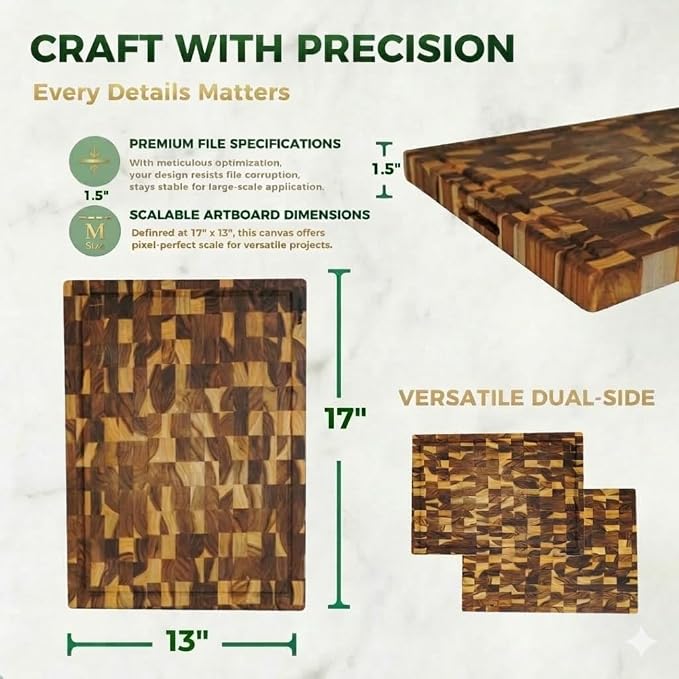 Teak Cutting Board for Kitchen – End Grain 17 x 13 x 1.5 Inch Medium Butcher Block with Juice Groove & Side Handles for Meat & Meal Prep