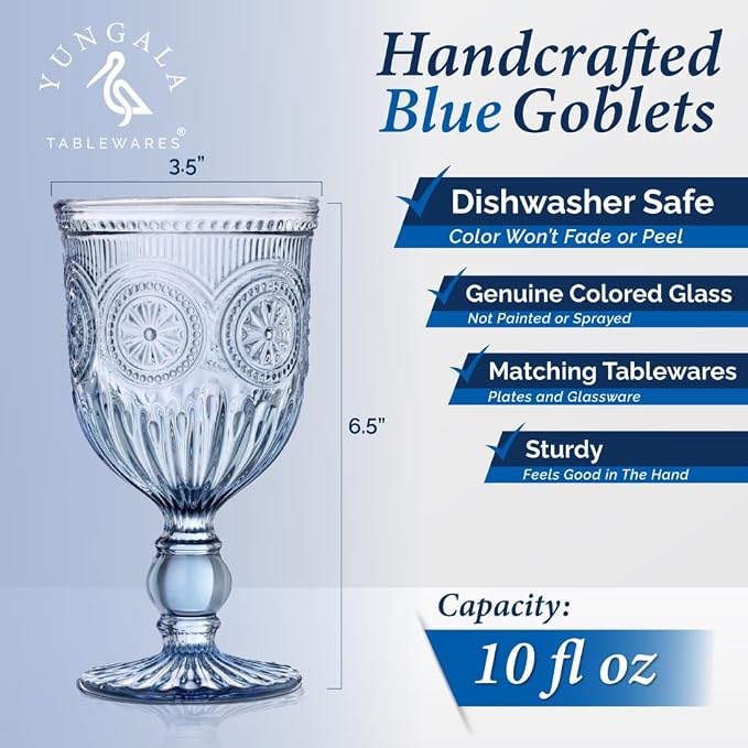 Blue-Wine-Glasses-Sunflower-Set-6 Blue Wine Glasses Set of 6 Vintage Hobnail Goblets 10 oz Dishwasher Safe