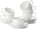 BTaT- Cappuccino Cups with Saucers 7 oz, Set of 6, White Porcelain Coffee Cup and Saucer Set for Latte with Golden Trim Design, Dishwasher Safe, Mocha, Tea, Au Lait, Flat White