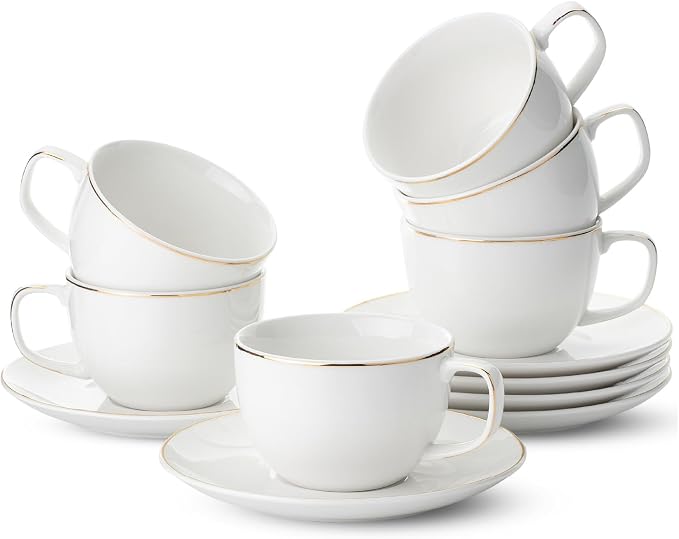 BTaT- Cappuccino Cups with Saucers 7 oz, Set of 6, White Porcelain Coffee Cup and Saucer Set for Latte with Golden Trim Design, Dishwasher Safe, Mocha, Tea, Au Lait, Flat White