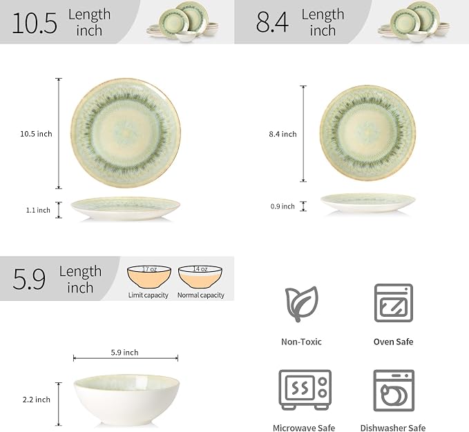DOMICREVERY Ceramic Dinnerware Sets for 4, 12 Pieces Plates and Bowls Sets, Moss Green