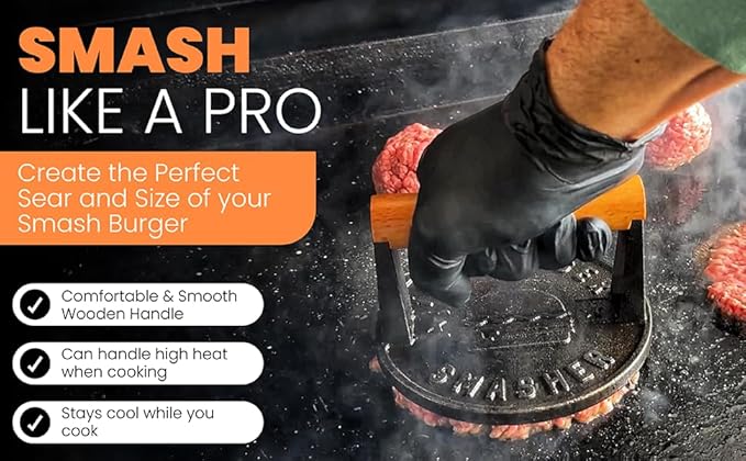 The Burger Smasher™ Pre-Seasoned Heavy Duty Cast Iron Smash Burger Press Kit - Heat Resistant Burger Smasher for Griddle, Food, Chef, Meat & Cooking Press, Hamburger Smasher - 30 Patty Paper