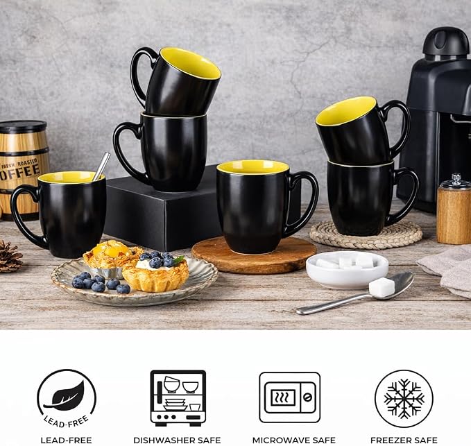 GBhome 16oz Coffee Mugs Set of 6, Large Ceramic Coffee Mugs for Man, Woman, Dad, Mom, Modern Coffee Mugs Set with handle for Tea/Latte/Cappuccino/Milk/Cocoa. Dishwasher&Microwave Safe,Yellow