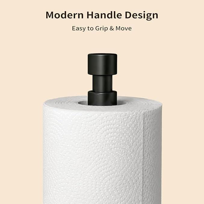 YUMORE Heavy Duty Stainless Steel Paper Towel Holder – Easy One-Handed Tear, Weighted Base Non-Slip, Tension Arm Prevents Unraveling, Countertop Paper Stand for Kitchen, Fits Most Size Rolls (Black)