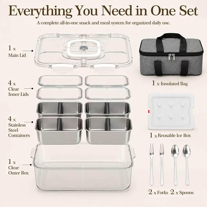 Snackle Box Container with Ice Pack, 304 Stainless Steel Snackle Box Set | 4-piece set, stainless steel, ice pack, insulated bag, fork & spoon, customizable divider system, flexible configuration