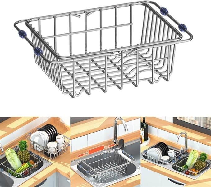 Adjustable Sink Dish Drying Rack Stainless Steel with Non-Slip Rubber Feet for Kitchen Storage Organization Space-Saving Over-the-Sink Drainer Holder for Vegetables Fruits(30x20x10cm)