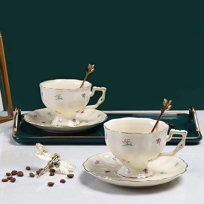 Porcelain Tea Cup and Saucer Set, 8.5 oz/250 ml Ceramic Coffee Mug with Saucer and Spoon, Vintage Coffee Cup with Gold Trim for Mom Women Mother's Day, Flowers Pattern