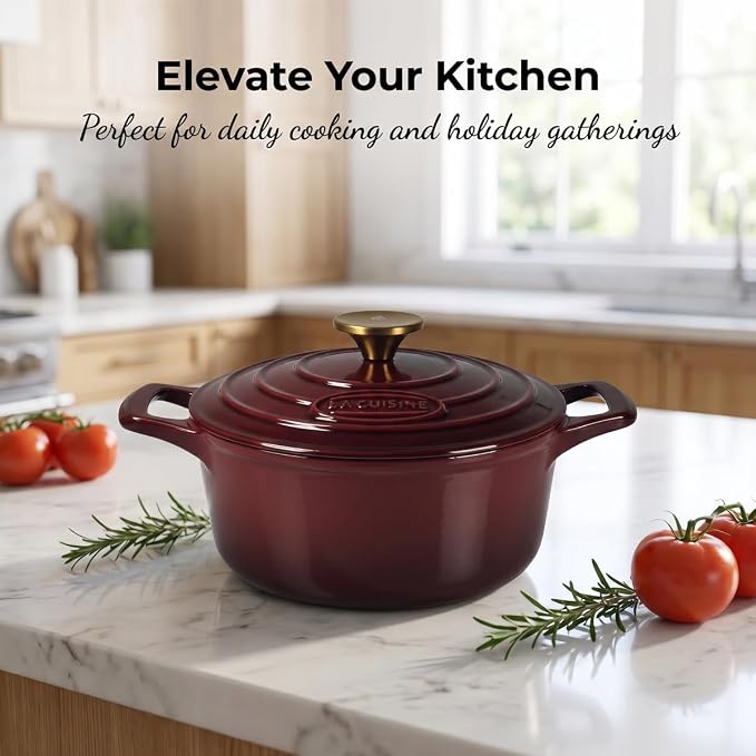 La Cuisine Enameled Cast Iron Dutch Oven Casserole Pot with Lid 6.5 QT 11" /28cm Dia. Internal Matt Black Enamel Coating Gold-Plated SS Lid Handle Oven Safe up to 500° F for bread baking, Cranberry