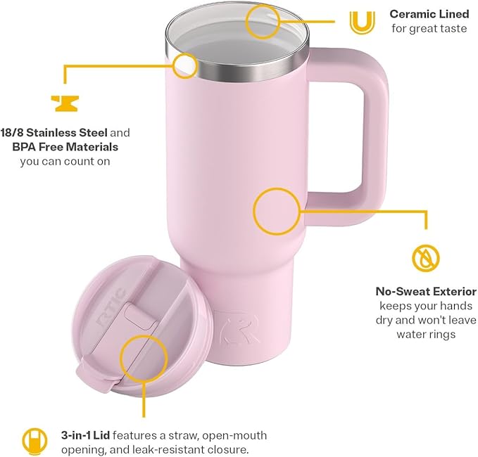 RTIC 30 oz Road Trip Tumbler Double-Walled Ceramic Lined InsulatedStainless Steel Portable Travel Coffee Mug Cup with Lid, Handle and Straw, Pale Pink