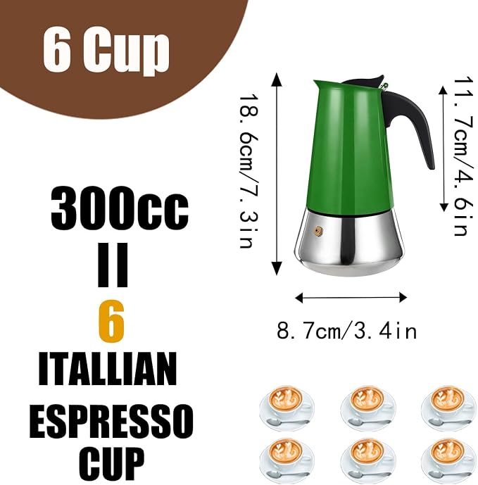6 Cup Stovetop Espresso Maker Stainless Steel Moka Pot Stove Top Percolator Italian Coffee Makers Capable Mocha Greca Machine Cafe Classic Induction Cookers for Home and Camping 300ml 10oz