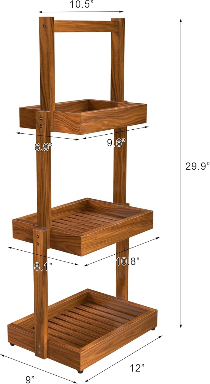 Teak Shower Shelf Bathroom Organizer - 3 Tier Multipurpose Shower Caddy with Non-Slip Base, Rustproof Durable Standing Towel Rack Toilet Paper Roll Holder for Bathroom Livingroom