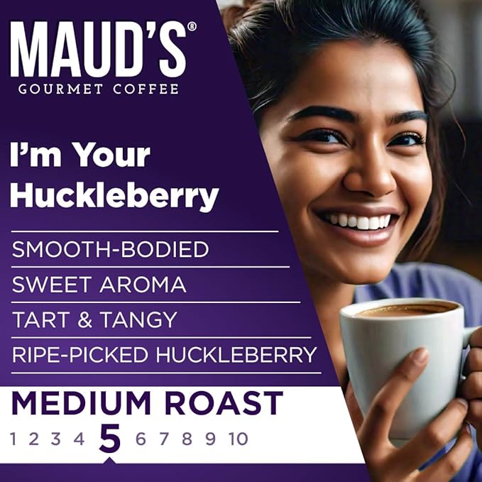 Maud's Huckleberry Flavored Coffee Pods, 18 ct, Medium Roast Flavored Coffee in Single Serve Pods – 100% Arabica Beans, Compatible with Keurig K Cups Maker