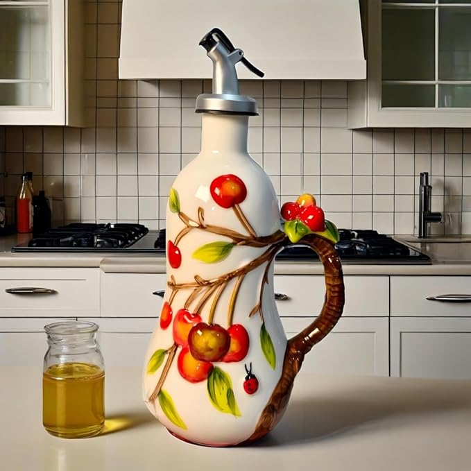 18.26oz/540ml Ceramic Olive Oil Dispenser Bottle,Hand Painted Reliefs Oil Dispenser for Kitchen,Oil Bottles for Kitchen (Cherry)