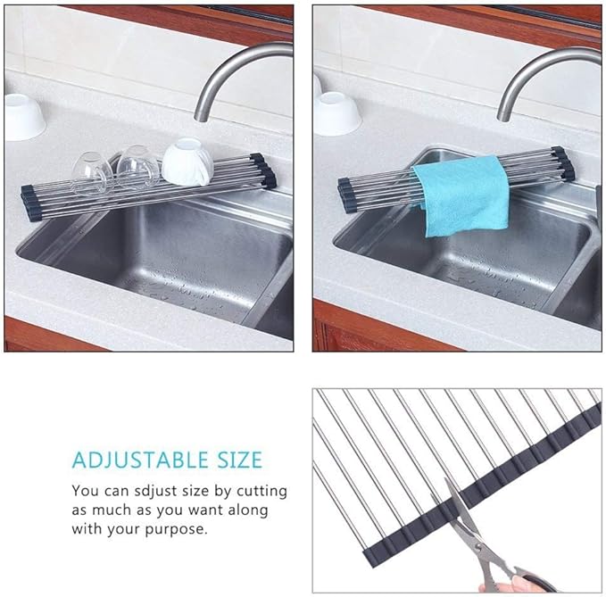 Foldable Roll Up Dish Drying Rack Drain Board Colander Mat and Dry Dishes Over The Sink Multipurpose Silicone Stainless Steel Dishes Drainer - 2pcs