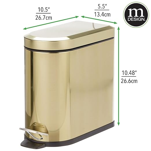 mDesign Small 1.3 Gallon Stainless Steel Metal Step Trash Can Garbage Bin for Bathroom, Bedroom, Home Office, D-Shape Trashcan with Foot Pedal and Lid, Removable Liner Bucket with Handles, Soft Brass