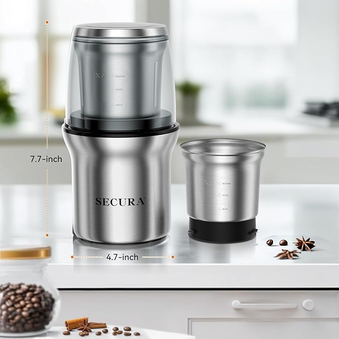 Secura Electric Coffee Grinder and Spice Grinder with Stainless Steel Blades, 1 Removable Bowl, Stainless