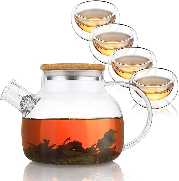 CNGLASS 30.4oz Glass Teapot Stovetop Safe and 5.1oz(4-pack) Glass Teacups