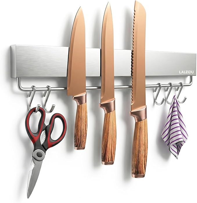 12 Inch Magnetic Knife Holder for Wall - Magnetic Knife Strip with Strong Magnets, Stainless Steel Magnetic Knife Bar with 5 Hooks/Adhesive Tape/Screws, Wall Mounted Knife Storage for Kitchen