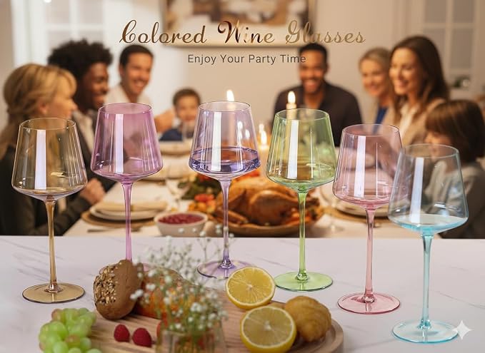 Physkoa Colored Wine Glasses Set 6-16oz Colorful Wine Glass With Tall Long Stem&Flat Bottom,Colored Stemmed Wine Goblet, Wine Gifts for Women Mom Wife Friend