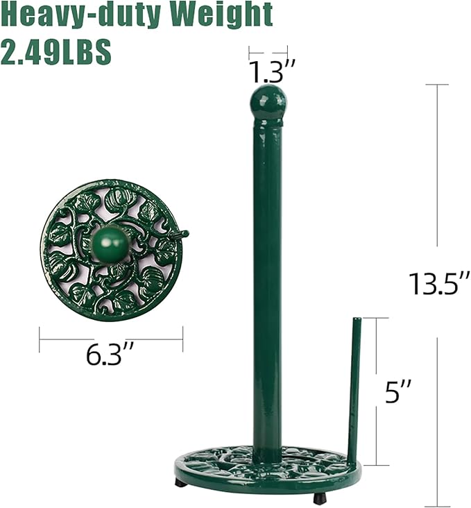 Green Cast Iron Paper Towel Holder for Kitchen Countertop - Vintage Pumpkin Pattern Standing Dispenser with Heavy Weighted Base, Farmhouse Decor, Fits Jumbo Rolls, One-Handed Tear
