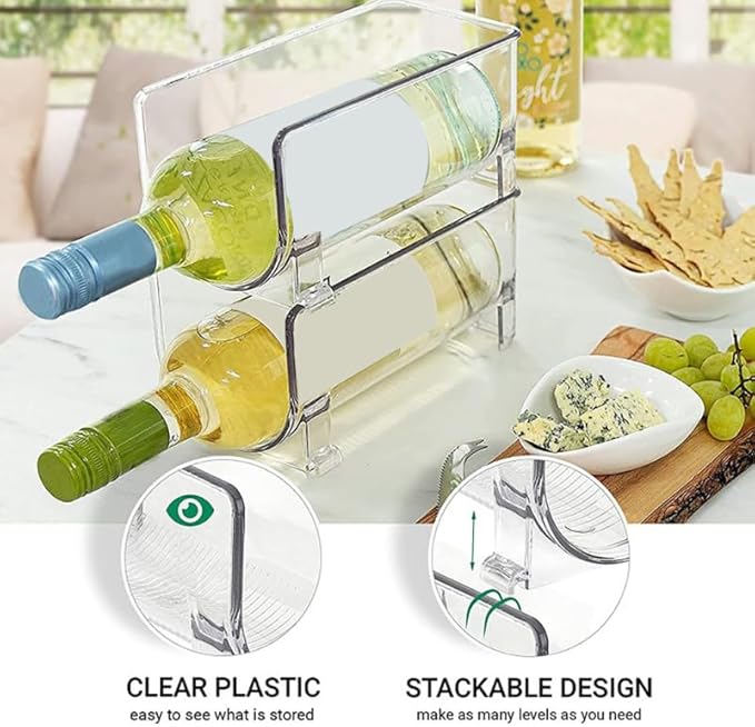 Stackable Drawer Style Wine Rack and Bottle Holder Compact Plastic Organizer for Home Bar Kitchen Refrigerator Space-Saving Storage Solution 2-Pack