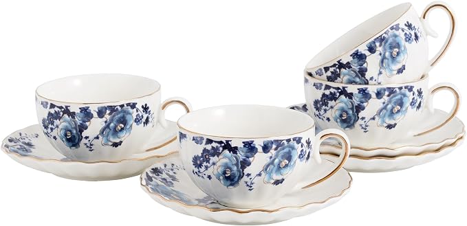 Agyiuns ceramic tea cup and saucer set of 4,floral teacup sets for Coffee, Latte, Cafe Mocha and Tea (Dark blue flowers)