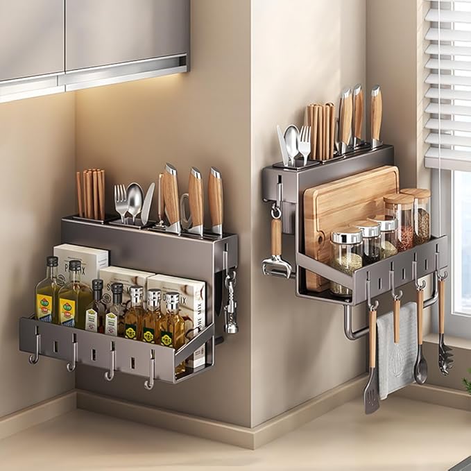 Multifunctional Wall-Mounted Knife Holder Kitchen Utensils Holder Spice Storage Organizer Rack for Knives, Spoons, Chopsticks, Towels, Pot Lids, Spice Jars (Grey)