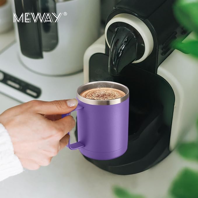 MEWAY 12oz Coffee Mug With Handle 8 Pack Bulk,Stainless Steel Insulated Travel Tumblers With Sliding Lid,Double Wall Vacuum Camping Cup for Hot & Cold Drinks Tea (Purple,Set of 8)