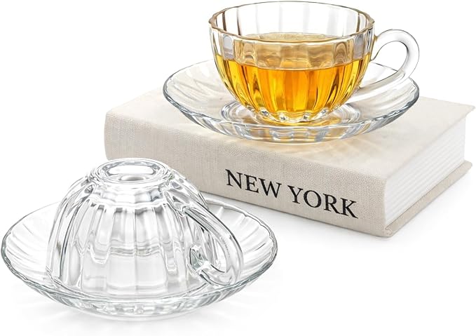 Noamus 6 Pack Glass Teacup and Saucer&Spoons Set, 5Oz/150ml Clear Coffee Mugs with Handles, Dishwasher Microwave Safe Glassware for Espresso Latte Juice Cappuccino Cereal Yogurt Milk Hot/Clod Beverage
