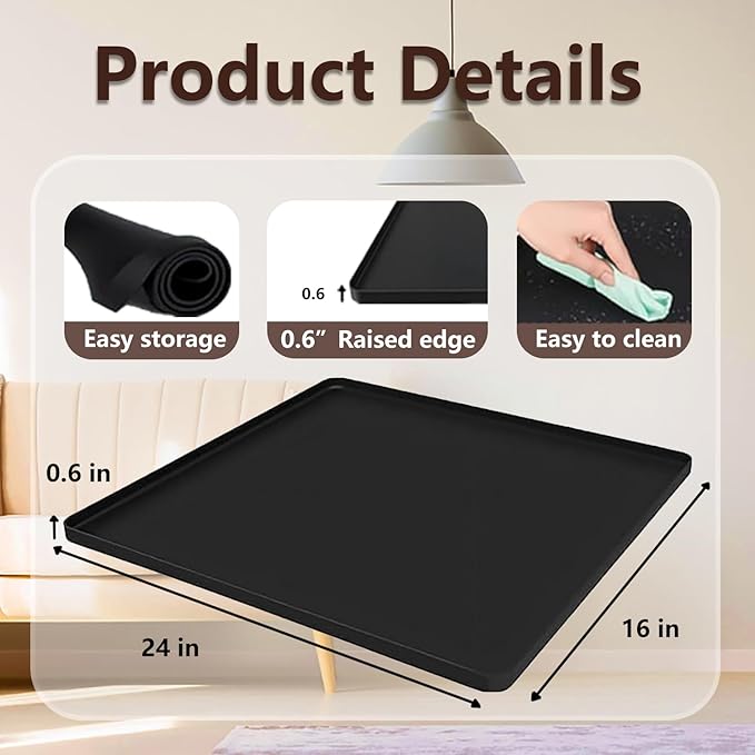 Water Cooler Mat, 24x16 Inch Silicone Drip Tray with Raised Edge, Non-Slip Appliance Protector Pad for Hardwood Floors & Carpets, Kitchen, Pet Feeding Area, Door Entry - Easy Clean (Black)