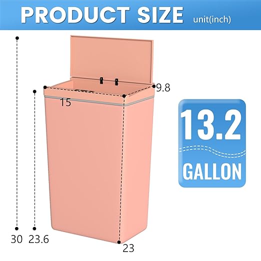 PayLessHere 13 Gallon 50 L Trash Can with Lid Plastic Kitchen Trash Bin Automatic Touch Free Motion Sensor Trash Can (1, Pink)